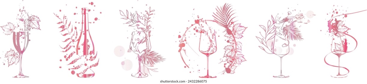 Wine icons - Collection of wine glasses and bottles. Elements for invitation cards, advertising banners and menus.