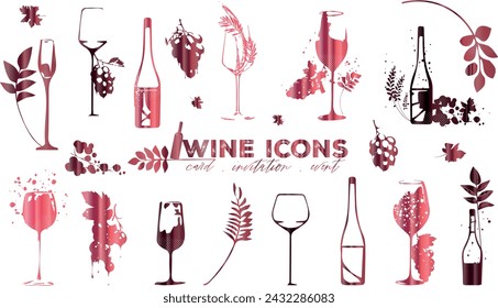 Wine icons - Collection of wine glasses and bottles. Elements for invitation cards, advertising banners and menus.