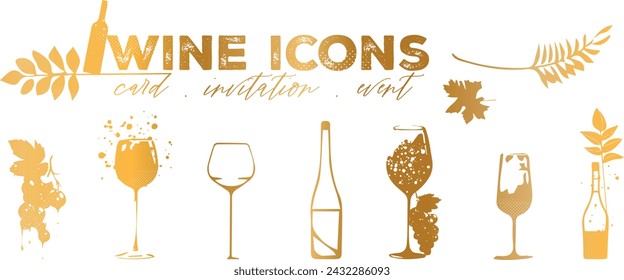 Wine icons - Collection of wine glasses and bottles. Elements for invitation cards, advertising banners and menus.