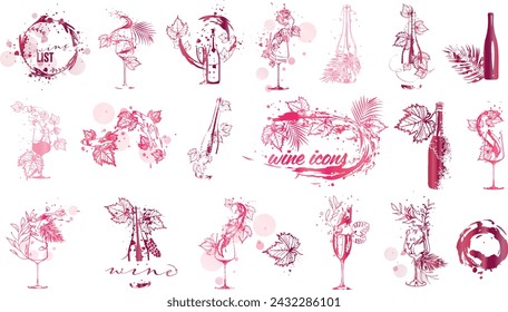 Wine icons - Collection of wine glasses and bottles. Elements for invitation cards, advertising banners and menus.