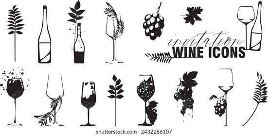 Wine icons - Collection of wine glasses and bottles. Elements for invitation cards, advertising banners and menus.