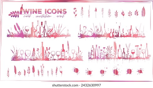 Wine icons - Collection of wine glasses and bottles. Elements for invitation cards, advertising banners and menus.