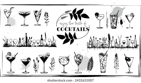 Wine icons - Collection of wine glasses and bottles. Elements for invitation cards, advertising banners and menus.