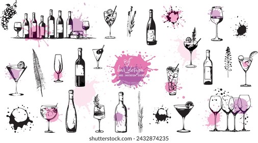 Wine icons - Collection of wine glasses and bottles. Elements for invitation cards, advertising banners and menus.