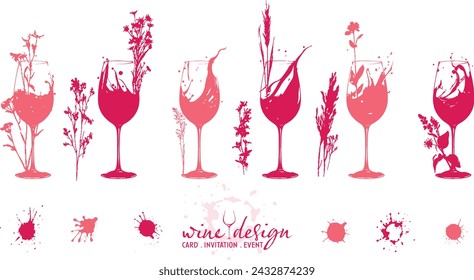 Wine icons - Collection of wine glasses and bottles. Elements for invitation cards, advertising banners and menus.
