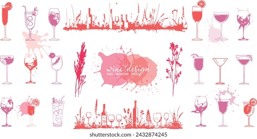 Wine icons - Collection of wine glasses and bottles. Elements for invitation cards, advertising banners and menus.