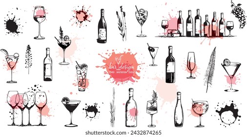 Wine icons - Collection of wine glasses and bottles. Elements for invitation cards, advertising banners and menus.