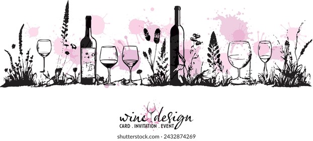 Wine icons - Collection of wine glasses and bottles. Elements for invitation cards, advertising banners and menus.