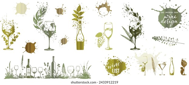Wine icons - Collection of wine glasses and bottles. Elements for invitation cards, advertising banners and menus.