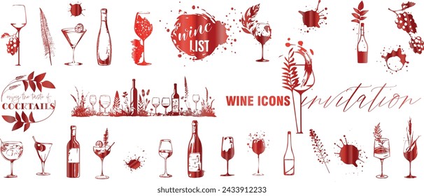 Wine icons - Collection of wine glasses and bottles. Elements for invitation cards, advertising banners and menus.