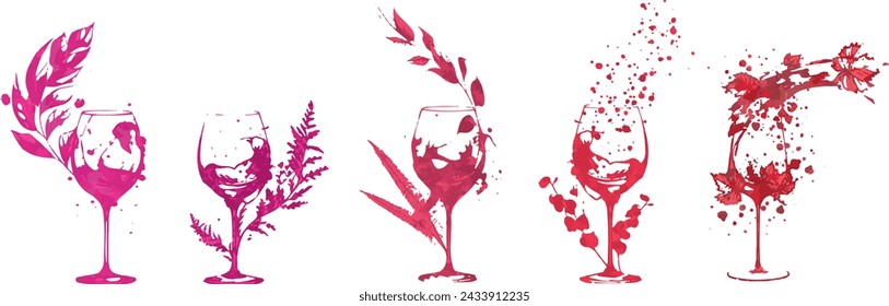 Wine icons - Collection of wine glasses and bottles. Elements for invitation cards, advertising banners and menus.
