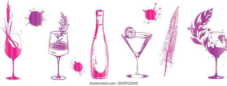 Wine icons - Collection of wine glasses and bottles. Elements for invitation cards, advertising banners and menus.