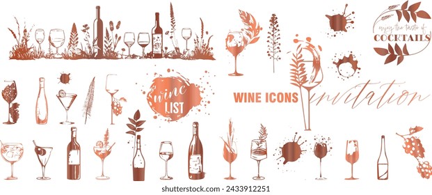 Wine icons - Collection of wine glasses and bottles. Elements for invitation cards, advertising banners and menus.