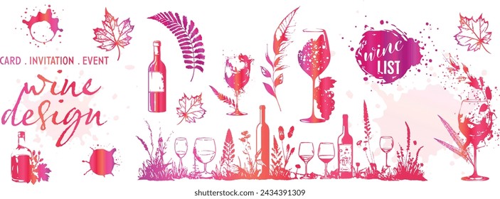 Wine icons - Collection of wine glasses and bottles. Elements for invitation cards, advertising banners and menus.