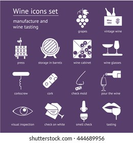 Wine icons collection on violet background. Modern outline style Can be used for wine shop, wine company and club, for typographic purpose