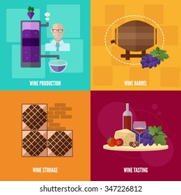 Wine icons in flat style.Wine production, storage and tasting. Banner with isolated images of wine bottles, grapes, barrels, equipment, shelving for storage.
