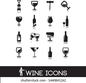 Wine icons  - glass, bottle, alcohol, cocktail, drink. Collection of black vectors.  Set 10.