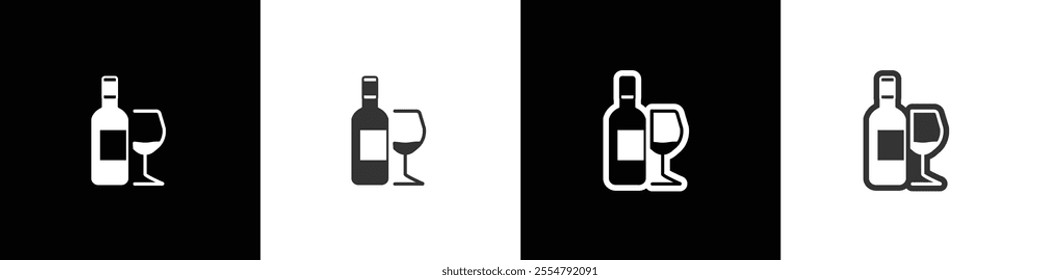 Wine Icons. Glasses and bottle icons vector set. Wine glass bottle icon symbol in line and flat style. Alcohol Liquor, beverages, bar, beer.  Wine in black white and transparent background.