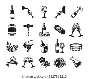 Wine icons. Large set of wine trendy minimal icons. Example: Grape, Glass, Barrel, Cheese, Vineyard icon. Design signs for web page, mobile app, packaging design. Vector illustration.
