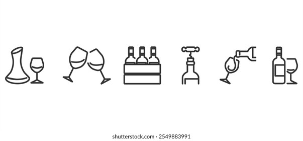 Ícones de vinho. Ícones de linha sobre vinho e emparelhamento de vinhos. Conjunto de ícones de linha fina. Coleção de símbolos em plano de fundo transparente. Traçado vetorial editável. Eps10