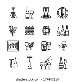 Wine icons line art editable stroke set
