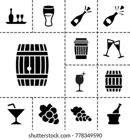 Wine icons. set of 13 editable filled wine icons such as barrel, grape, opened champagne, drink, champagne