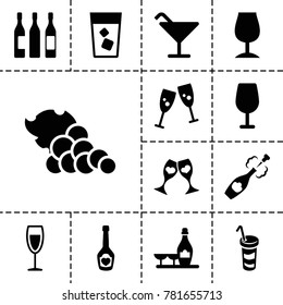 Wine icons. set of 13 editable filled wine icons such as cocktail, glasses clink, drink, champagne bottle with heart, clink glasses, champagne