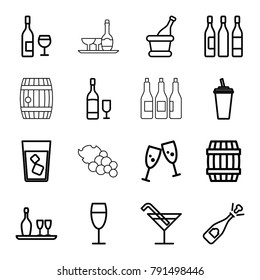 Wine icons. set of 16 editable outline wine icons such as barrel, cocktail, opened champagne, glasses clink, drink, champagne, bottle