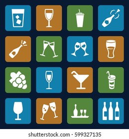wine icons set. Set of 16 wine filled icons such as Cocktail, Grape, opened champagne, drink, clink glasses, champagne