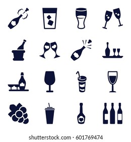 wine icons set. Set of 16 wine filled icons such as Cocktail, Grape, drink, champagne bottle with heart, clink glasses, champagne