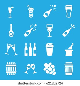 Wine icons set. set of 16 wine filled icons such as barrel, Grape, opened champagne, drink, champagne bottle with heart, clink glasses
