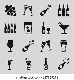 Wine icons set. set of 16 wine filled icons such as bottle, Cocktail, Grape, opened champagne, drink, champagne bottle with heart, champagne