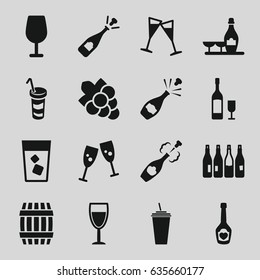 Wine icons set. set of 16 wine filled icons such as bottle, barrel, cocktail, grape, opened champagne, drink