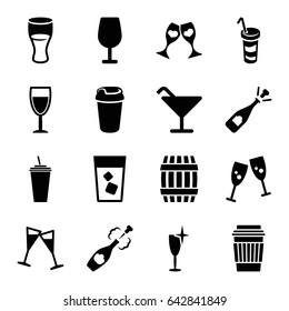 Wine icons set. set of 16 wine filled icons such as barrel, cocktail, opened champagne, drink, clink glasses, champagne