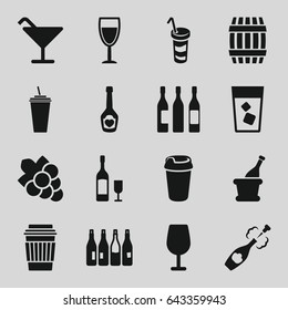 Wine icons set. set of 16 wine filled icons such as bottle, barrel, cocktail, grape, drink, champagne bottle with heart