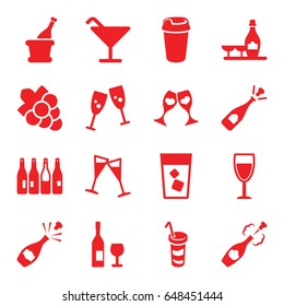 Wine icons set. set of 16 wine filled icons such as bottle, cocktail, grape, opened champagne, drink, clink glasses, champagne