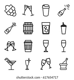 Wine icons set. set of 16 wine outline icons such as barrel, Cocktail, Grape, drink, clink glasses, champagne, opened champagne