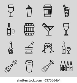 Wine icons set. set of 16 wine outline icons such as bottle, barrel, cocktail, drink, champagne bottle with heart, clink glasses, champagne