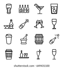 Wine icons set. set of 16 wine outline icons such as bottle, barrel, cocktail, drink, clink glasses, champagne