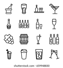 Wine icons set. set of 16 wine outline icons such as bottle, barrel, cocktail, grape, drink, champagne bottle with heart