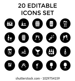 Wine icons. set of 20 editable filled wine icons such as bottle, cocktail, glasses clink, drink, champagne. best quality wine elements in trendy style.