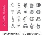 Wine icons. Set of 20 wine trendy minimal icons. Grape, Glass, Barrel, Cheese, Vineyard icon. Design signs for restaurant menu, web page, mobile app, packaging design. Vector illustration