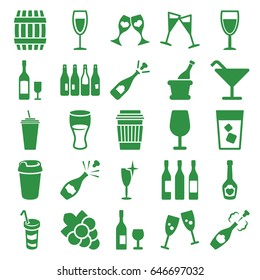 Wine icons set. set of 25 wine filled icons such as bottle, barrel, cocktail, grape, opened champagne, drink, champagne bottle with heart, clink glasses, champagne