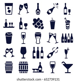 Wine icons set. set of 25 wine filled icons such as bottle, barrel, cocktail, grape, drink, champagne bottle with heart, clink glasses