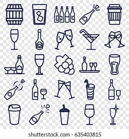 Wine icons set. set of 25 wine outline icons such as bottle, barrel, cocktail, grape, drink, champagne bottle with heart
