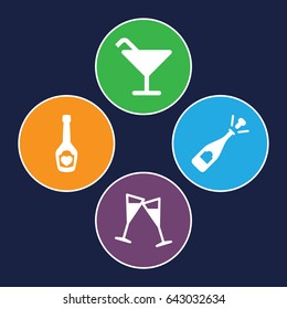 Wine icons set. set of 4 wine filled icons such as cocktail, opened champagne, champagne bottle with heart