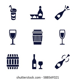 wine icons set. Set of 9 wine filled icons such as barrel, opened champagne, drink