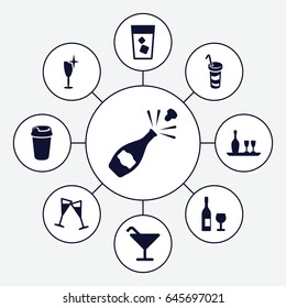 Wine icons set. set of 9 wine filled icons such as cocktail, drink