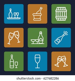 Wine icons set. set of 9 wine outline icons such as barrel, clink glasses, champagne, opened champagne