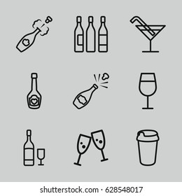 Wine icons set. set of 9 wine outline icons such as Cocktail, drink, champagne bottle with heart, champagne